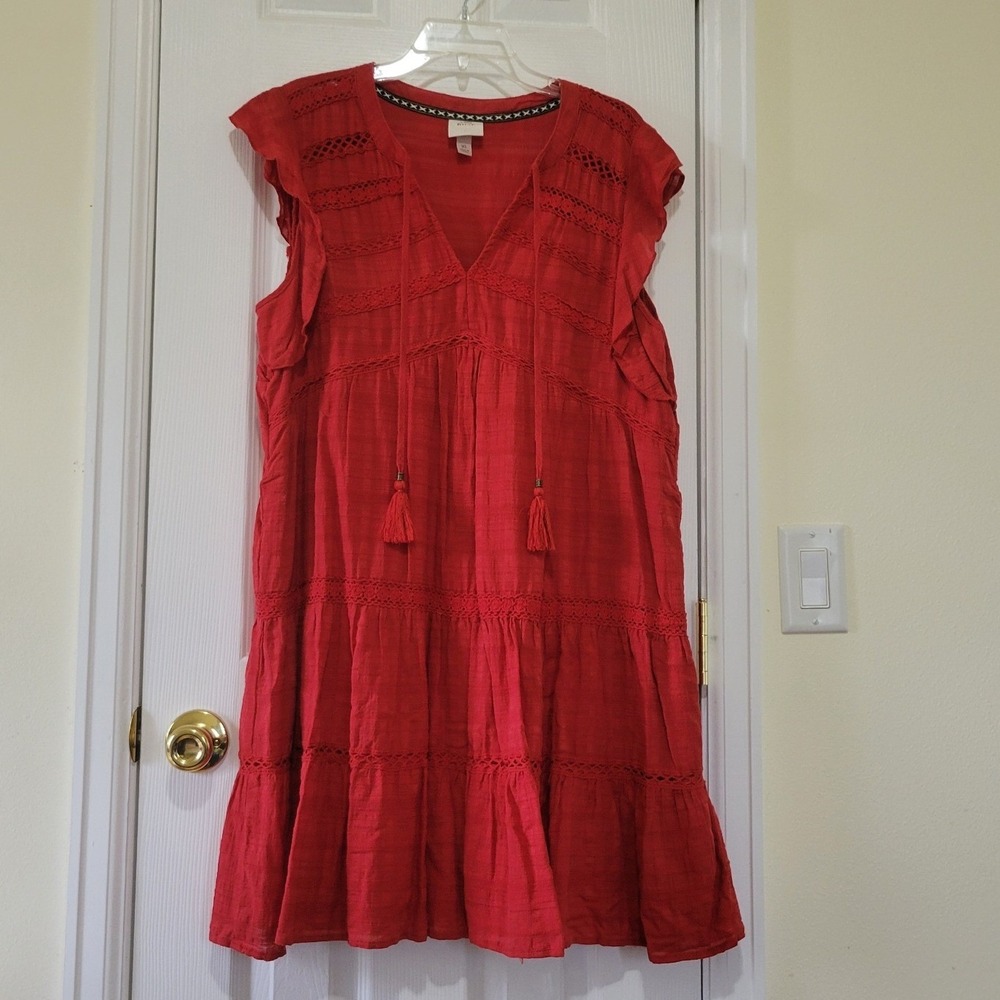 Red Tiered Boho Cottagecore Mini Dress‎ Crochet Lace Tassels Sleeveless XL